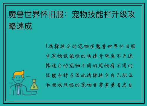 魔兽世界怀旧服:宠物技能栏升级攻略速成